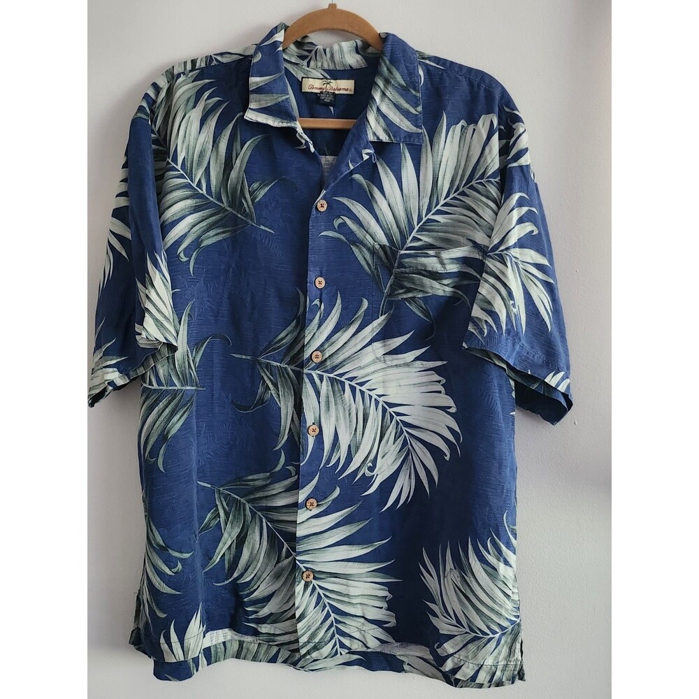 Tommy Bahama 100% Silk  Button-Up Shirt Blue Palm Print Size Large
